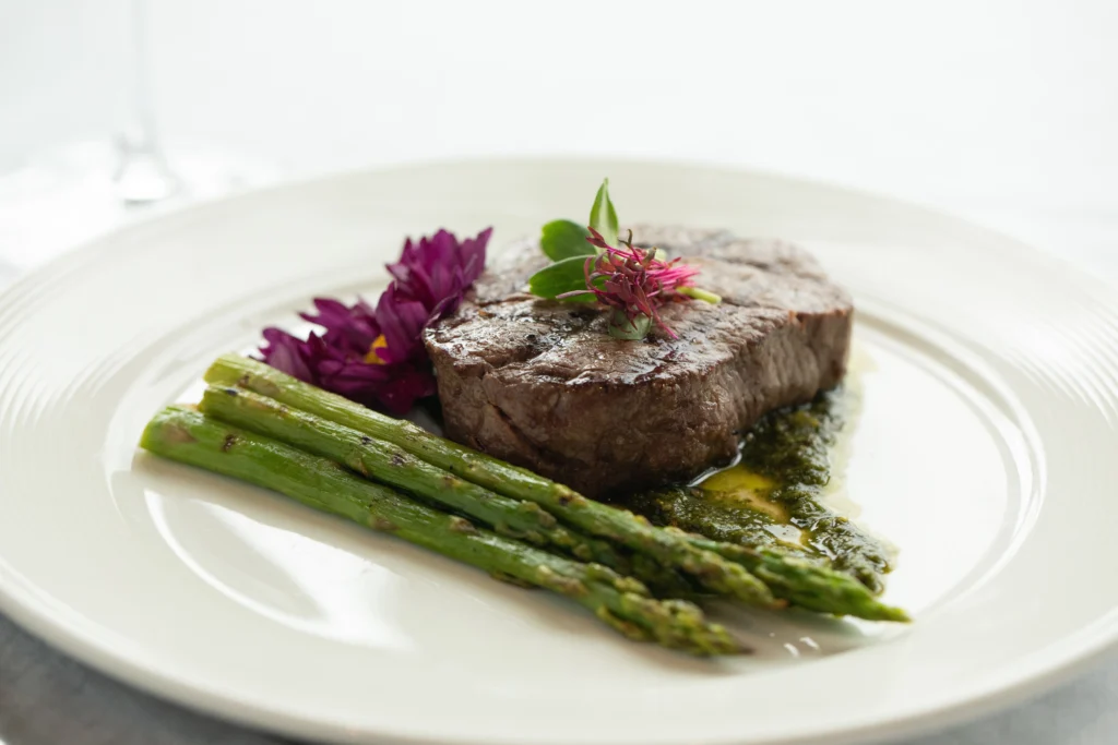 steak dinner with asparagus at Timber Ridge at Talus