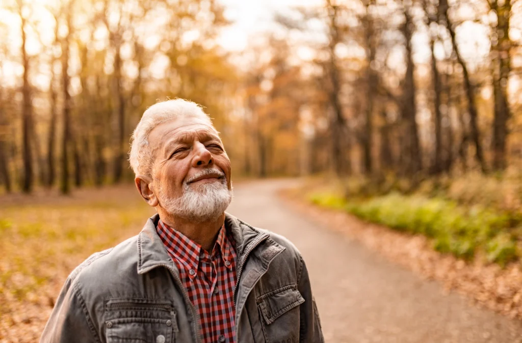 senior man outside on a trail in Issaquah, WA, smiling as one of the benefits of nature for seniors.