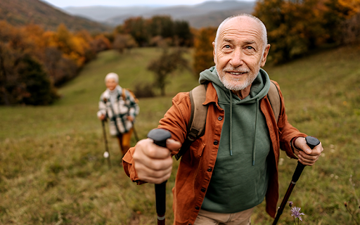 senior couple hiking on a hill during autumn